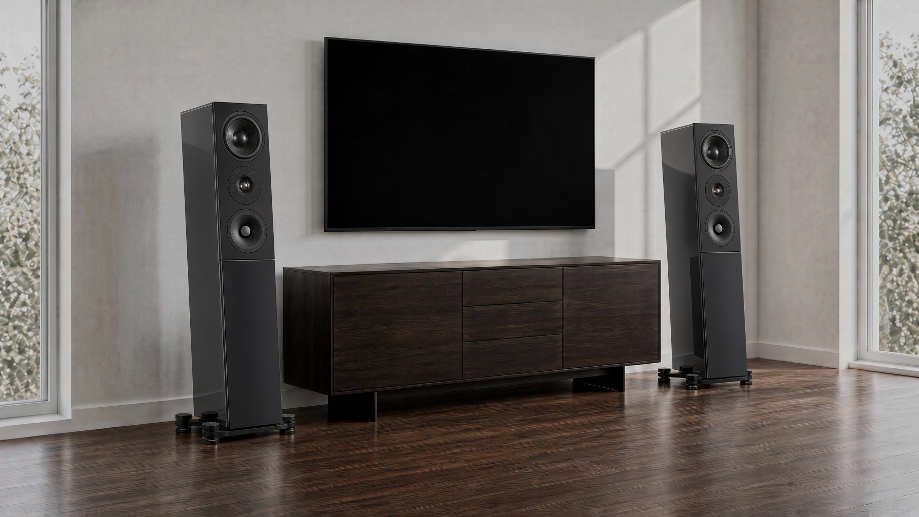 Audio Physic Codex in anthracite glass, wall-mounted widescreen, daylight listening room