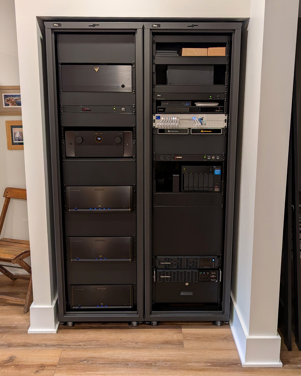 A dual Middle Atlantic rack built into millwork, shown top to bottom